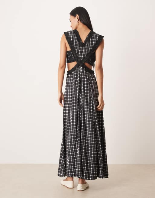 ASOS DESIGN lace applique sleeveless cut out maxi dress in black check, 2 of 4