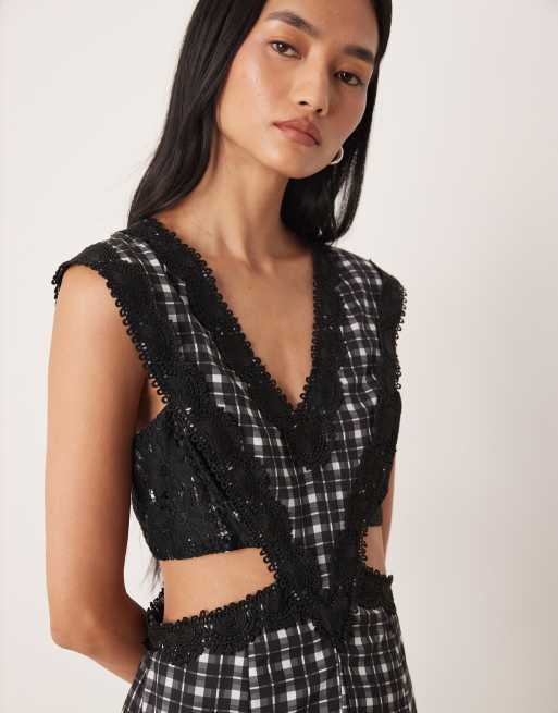 ASOS DESIGN lace applique sleeveless cut out maxi dress in black check, 4 of 4