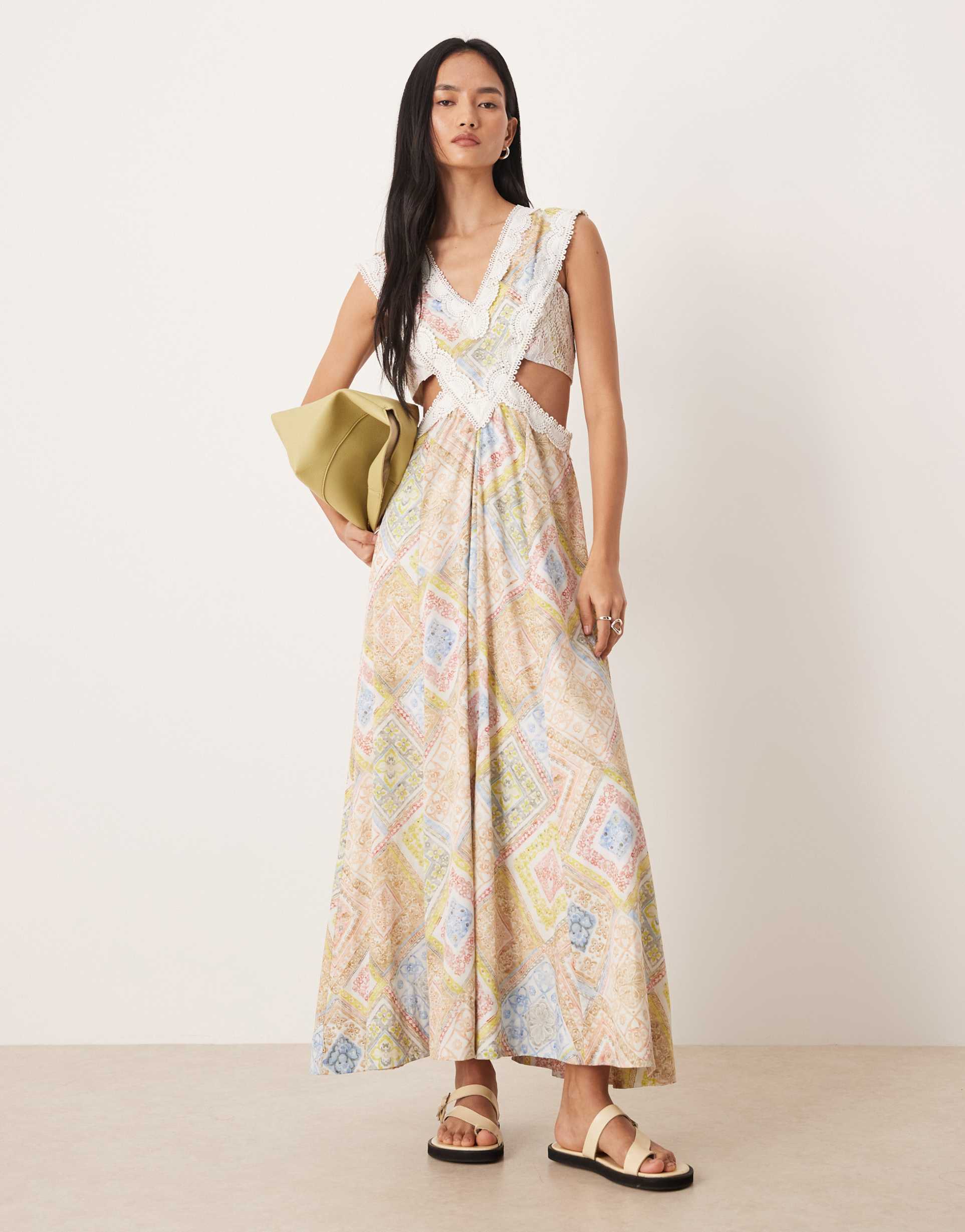 asos design lace applique sleeveless cut-out maxi dress in pastel abstract