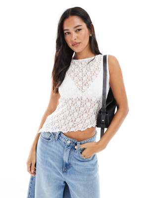 Asos Design Lace Asymmetric Hem Sleeveless Top In White