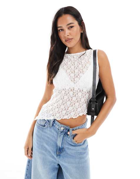 ASOS DESIGN lace asymmetric hem sleeveless top in ivory - view 1