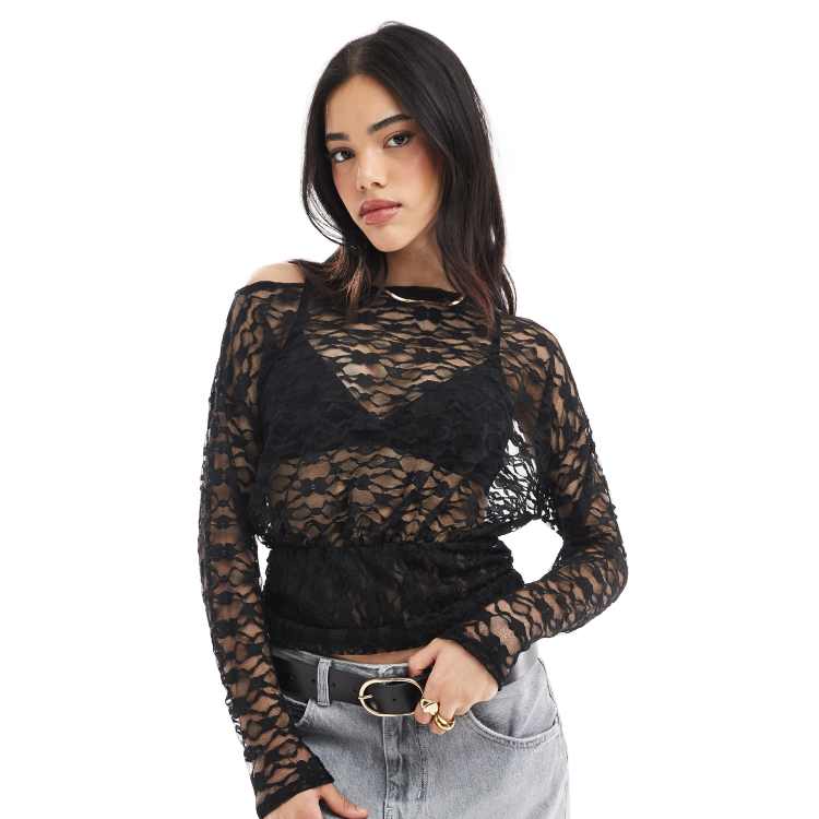 ASOS DESIGN lace asymmetric one shoulder long sleeve top