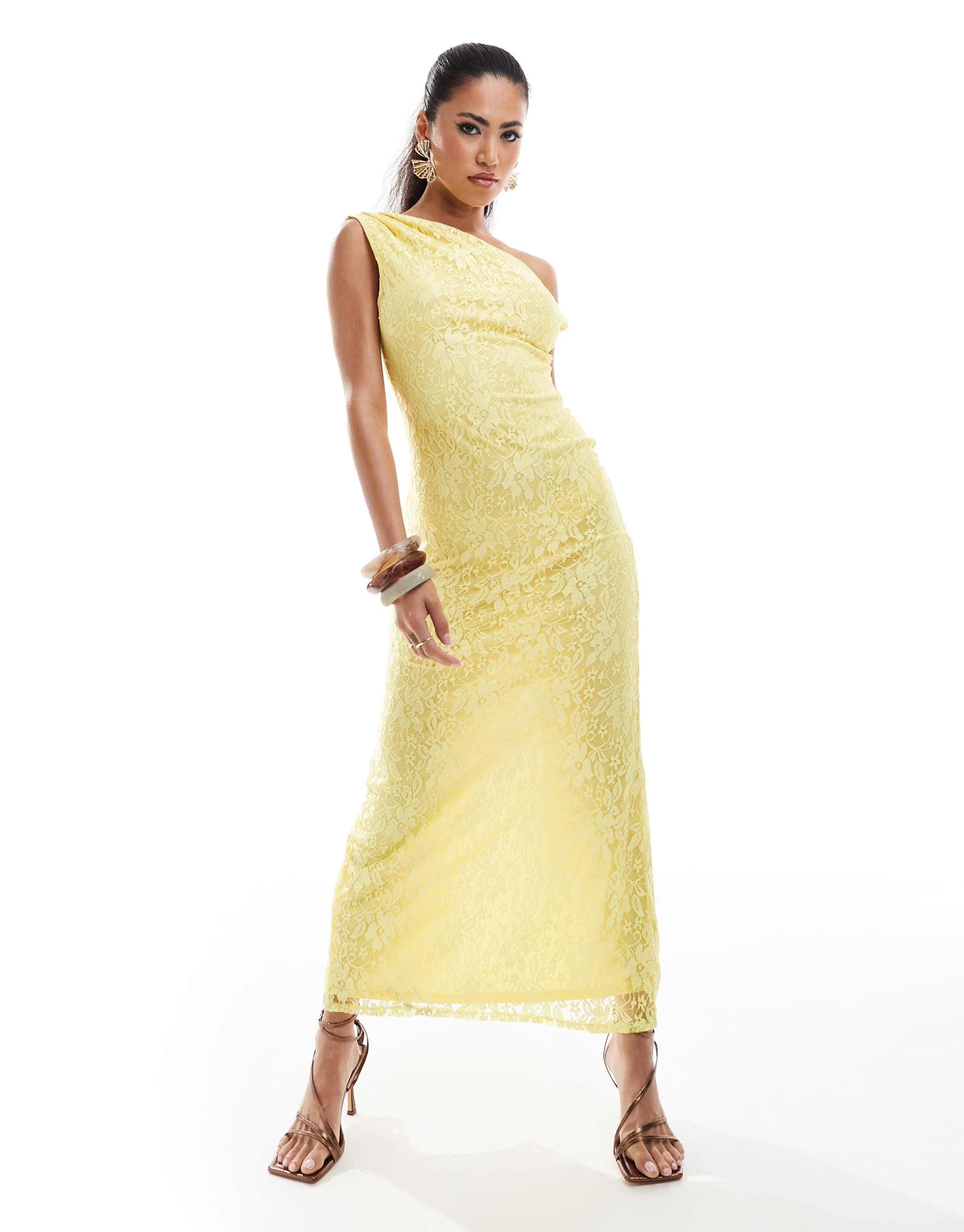 asos design lace asymmetric twist shoulder midi dress in lemon yellow