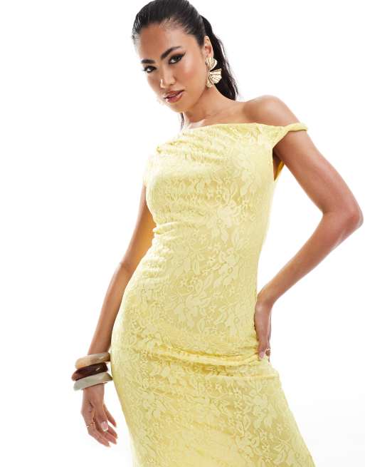 ASOS DESIGN lace asymmetric twist shoulder midi dress in lemon yellow