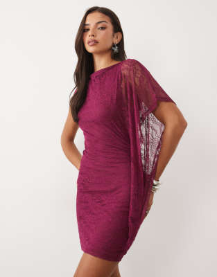 Asos Design Lace Asymmetrical Cape Sleeve Mini Dress In Purple
