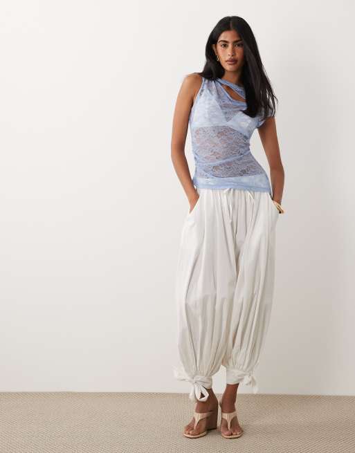ASOS DESIGN lace asymmetrical top with twist neck and cap sleeve in blue, 3 of 4