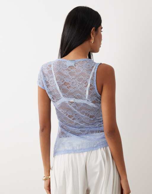 ASOS DESIGN lace asymmetrical top with twist neck and cap sleeve in blue, 4 of 4