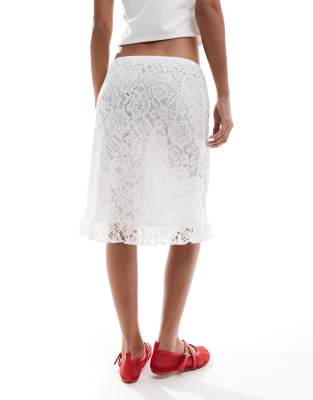 Asos Design Lace Awkward Length Midi Skirt In White