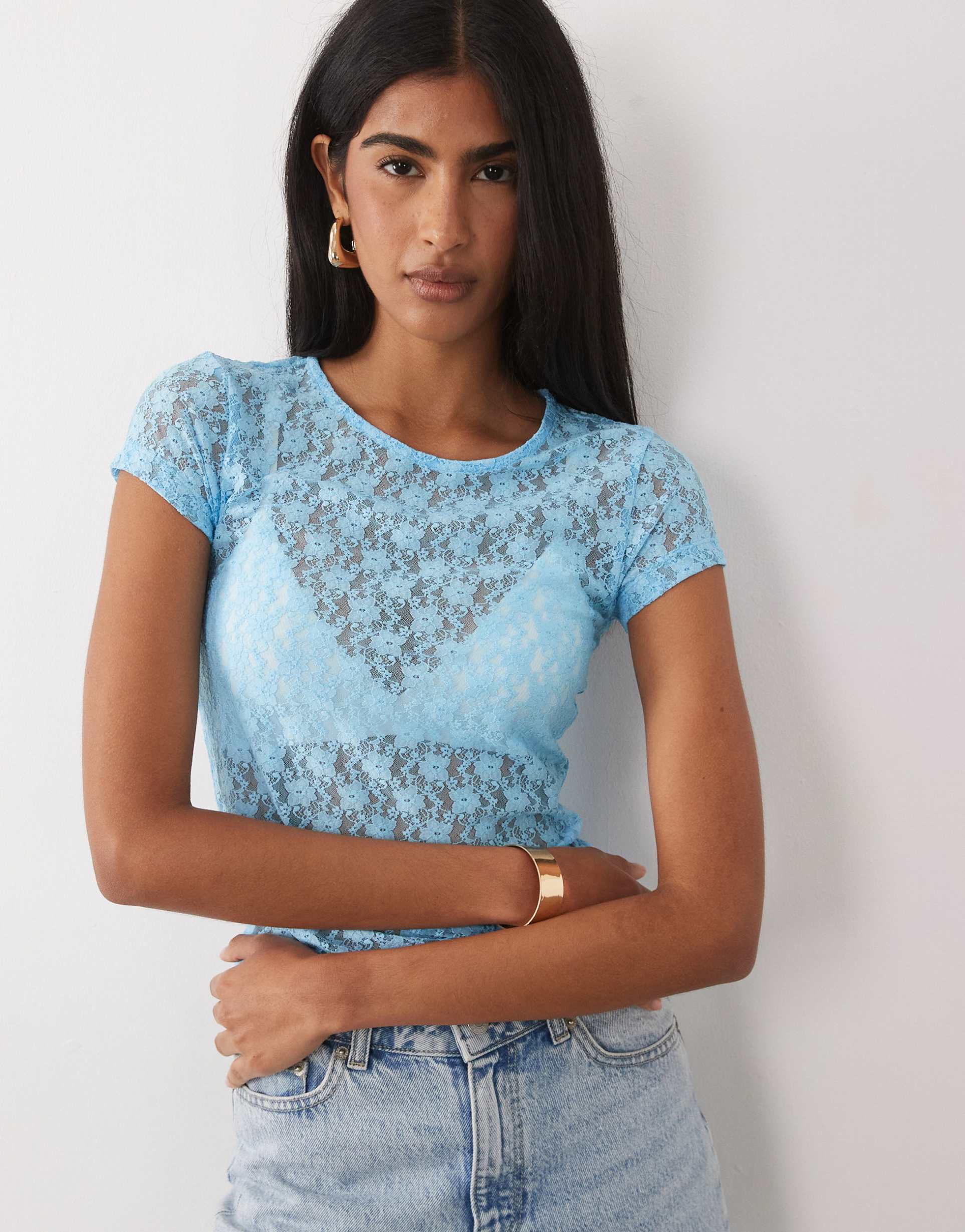 asos design lace baby tee in blue