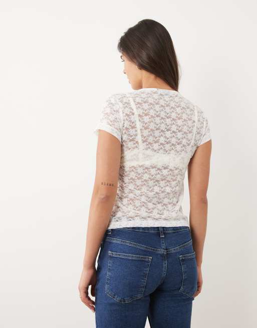 ASOS DESIGN lace baby tee with sports graphic in cream, 4 of 4