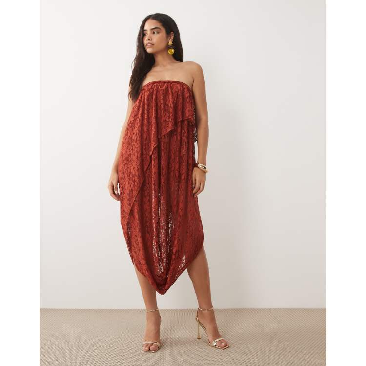 bandeau asymmetric draped midi dress in red ASOS DESIGN lace drape with plait detail rust All SKUs 5% Elastane) Worn length Size:FR 36 - Preorder Annabella Strapless Tied Back