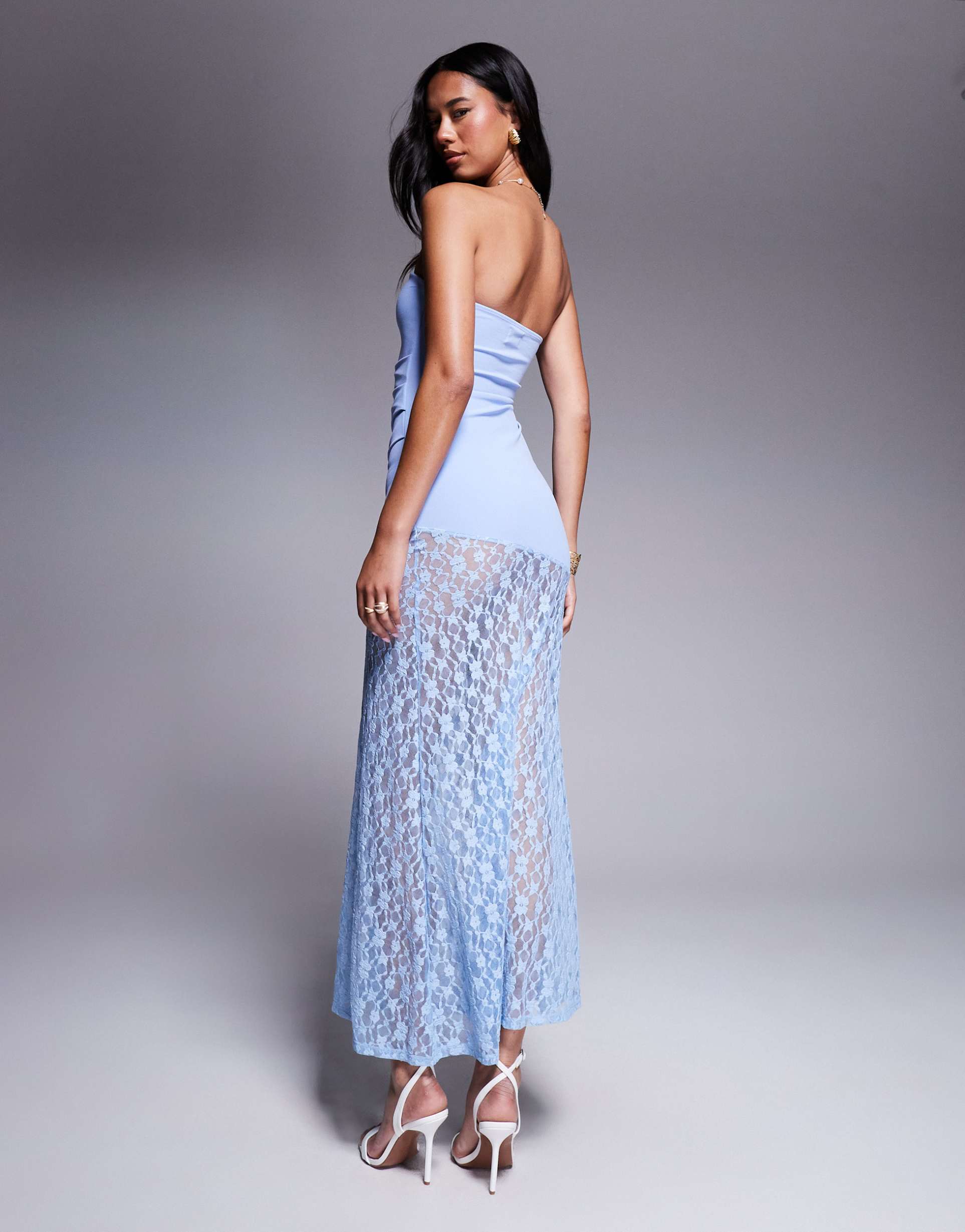 asos design lace bandeau maxi dress with scarf neck detail in blue