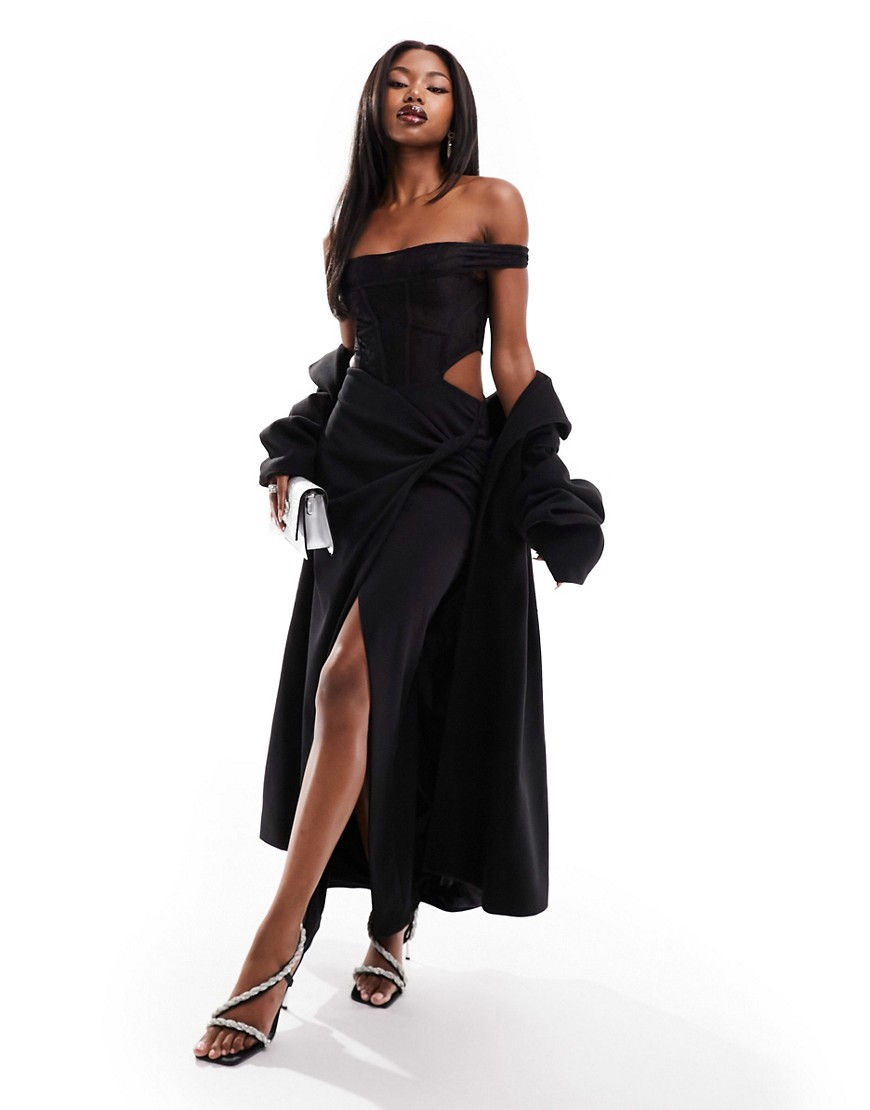 ASOS DESIGN lace bardot corset midi dress with twist detail skirt in black