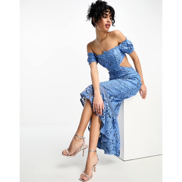 ASOS DESIGN lace bardot cut out maxi dress with frill hem in royal blue