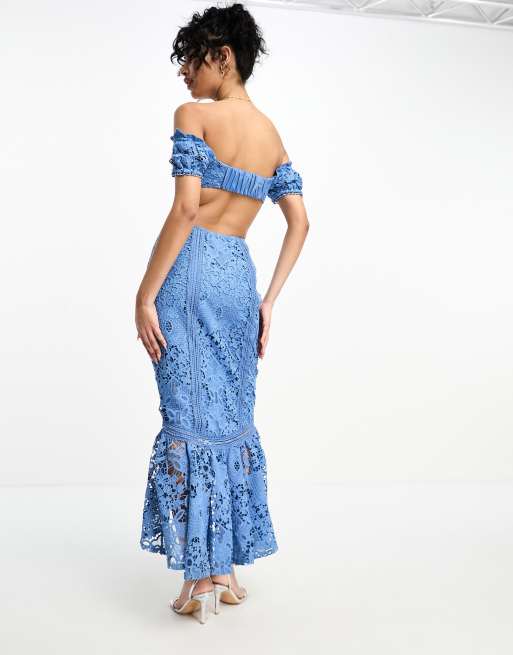 ASOS DESIGN lace bardot cut out maxi dress with frill hem in royal blue