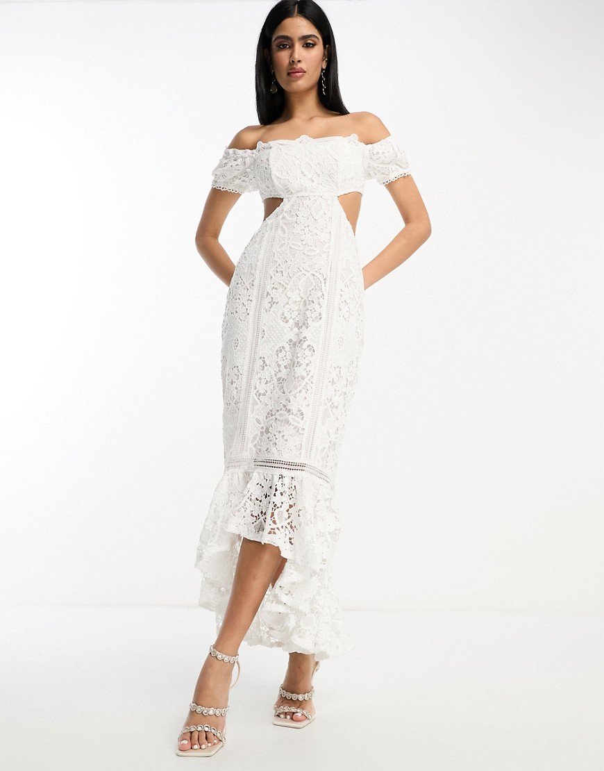 Asos Design Lace Bardot Cut Out Maxi Dress With Frill Hem In White