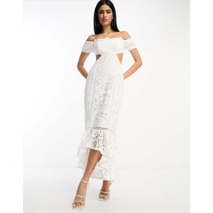 White bardot lace outlet frill hem midi dress