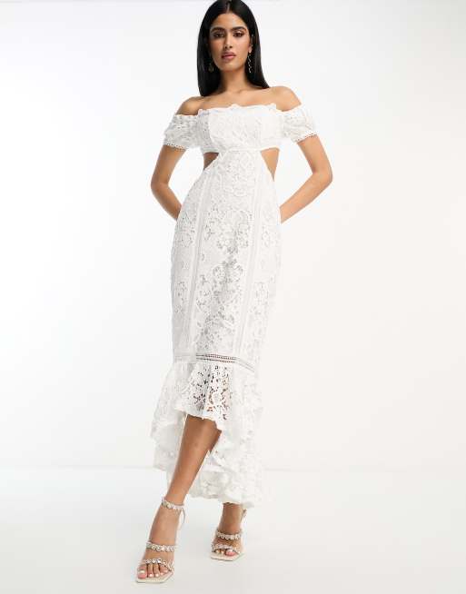 Buy Missguided Lace Bardot Midi Dress - White