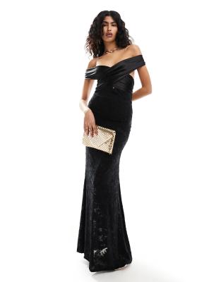 asos lace bardot dress ASOS DESIGN lace cup detail long sleeve bardot maxi dress in black