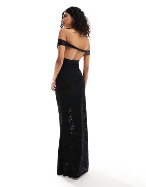 ASOS DESIGN lace bardot maxi dress with knickers in black