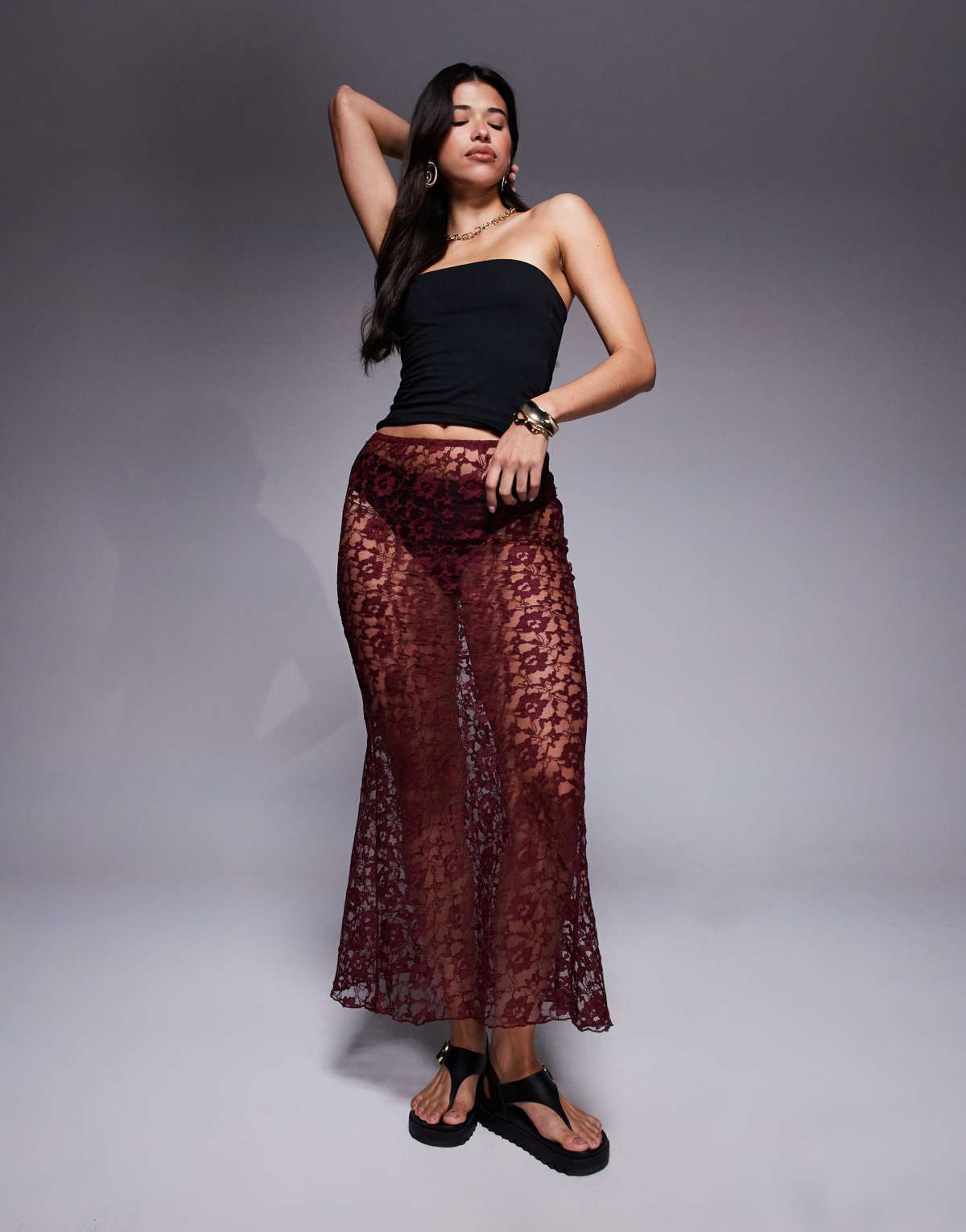 ASOS DESIGN lace bias maxi skirt in cherry
