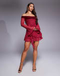 [ASOS DESIGN] ASOS DESIGN lace blocked neck bardot mini dress with flippy sleeves and hitched trim detail skirt in red 8 Red