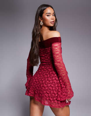 Asos Design Lace-blocked Neck Bardot Mini Dress With Flippy Sleeves And Hitched Trim Detail Skirt In Burgundy