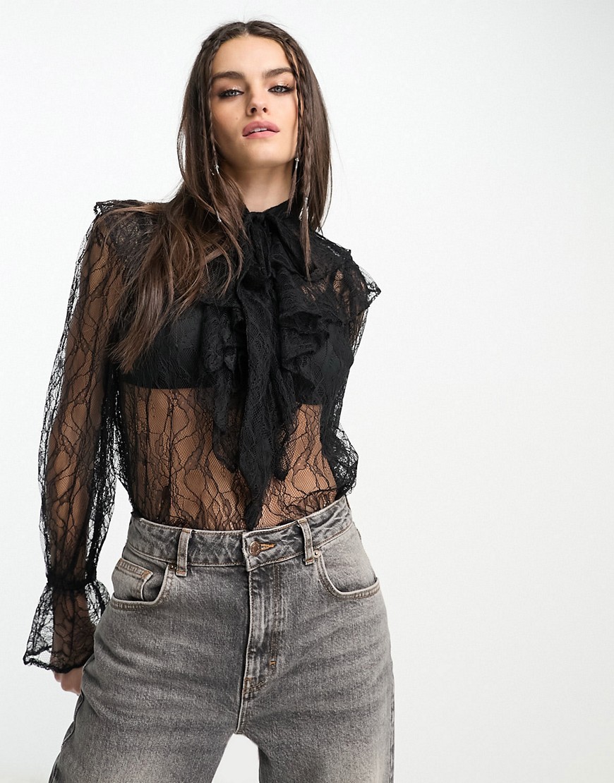 ASOS DESIGN lace blouse with ruffle neck in black
