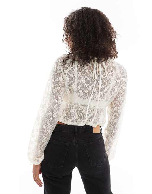 ASOS DESIGN lace blouson sleeve peplum top in cream
