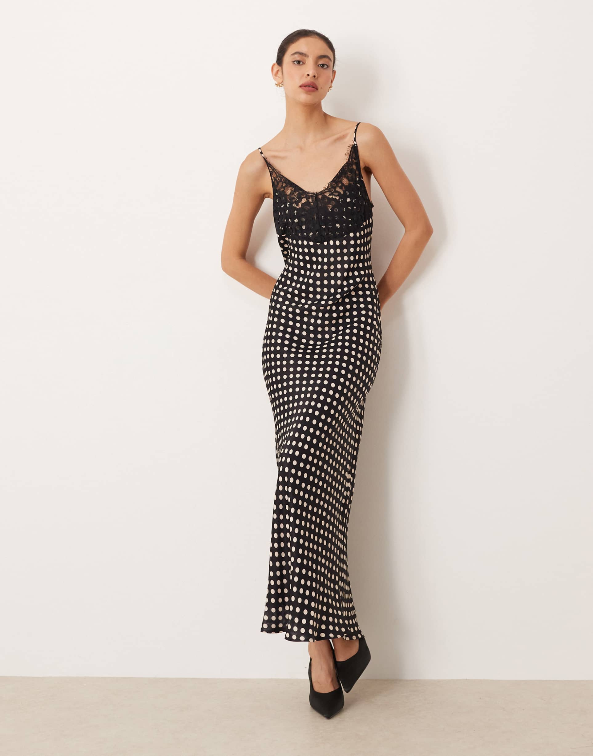 asos design lace bodice cami satin maxi dress in black spot