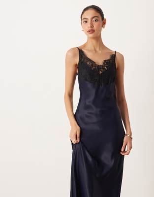 chinese dress ladies ASOS DESIGN Lace Insert Pleated Midi Dress With Embroidery In Navy main image 0