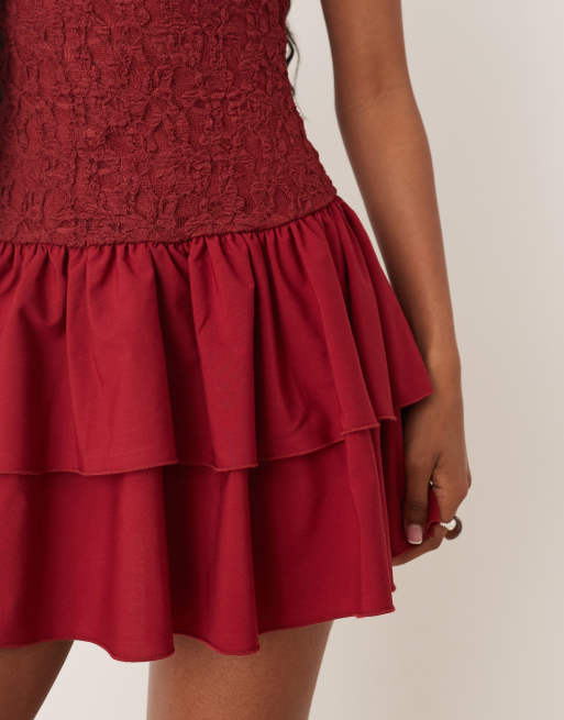 ASOS DESIGN lace bodice mini dress with poplin skirt in burgundy, 3 of 4