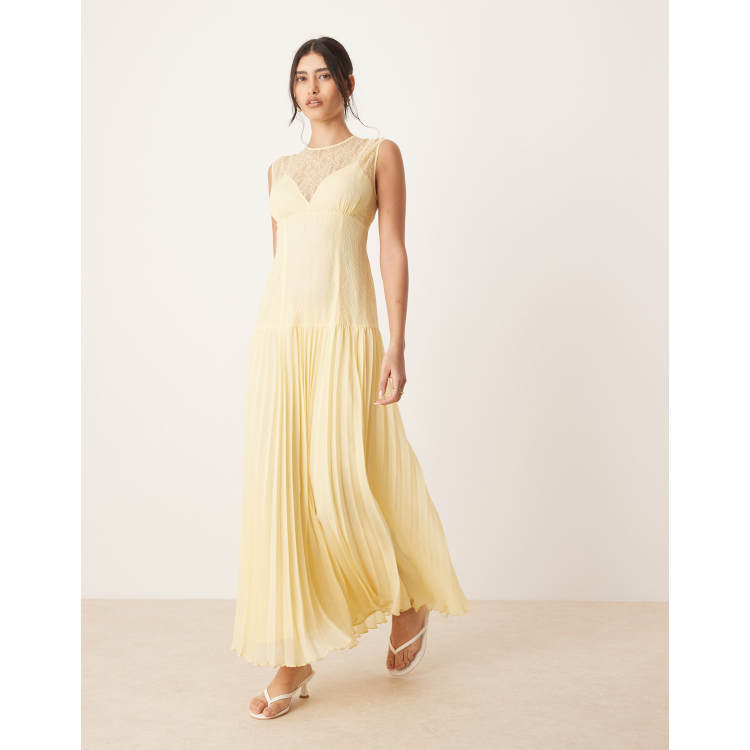 ASOS DESIGN lace bodice pleated skirt midaxi dress in lemon