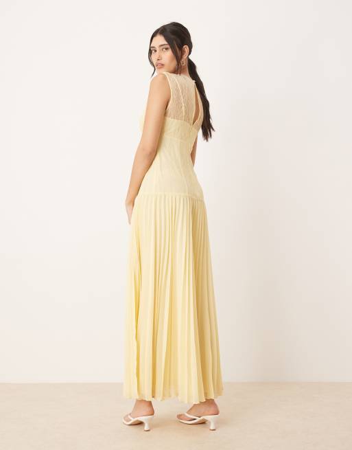 ASOS DESIGN lace bodice pleated skirt midaxi dress in lemon