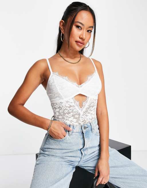 ASOS Lex Premium Lace Long Sleeve Off Shoulder Bodysuit in White