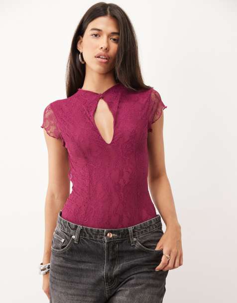 ASOS DESIGN lace bodysuit with flutter sleeves in burgundy - view 1