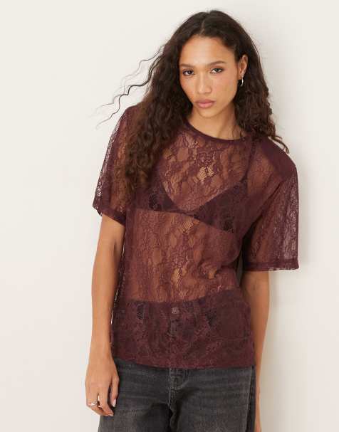 ASOS DESIGN lace boxy sheer tee with shoulder pads in fig - view 1