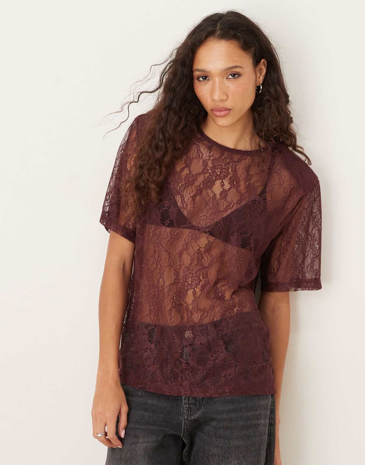ASOS DESIGN lace boxy sheer tee with shoulder pads in fig