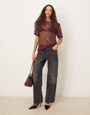 Asos Design Lace Boxy Sheer Tee With Shoulder Pads In Brown