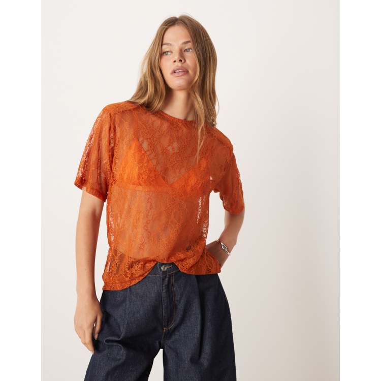ASOS DESIGN lace boxy sheer tee with shoulder pads in rust
