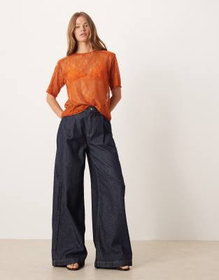 Asos Design Lace Boxy Sheer Tee With Shoulder Pads In Orange