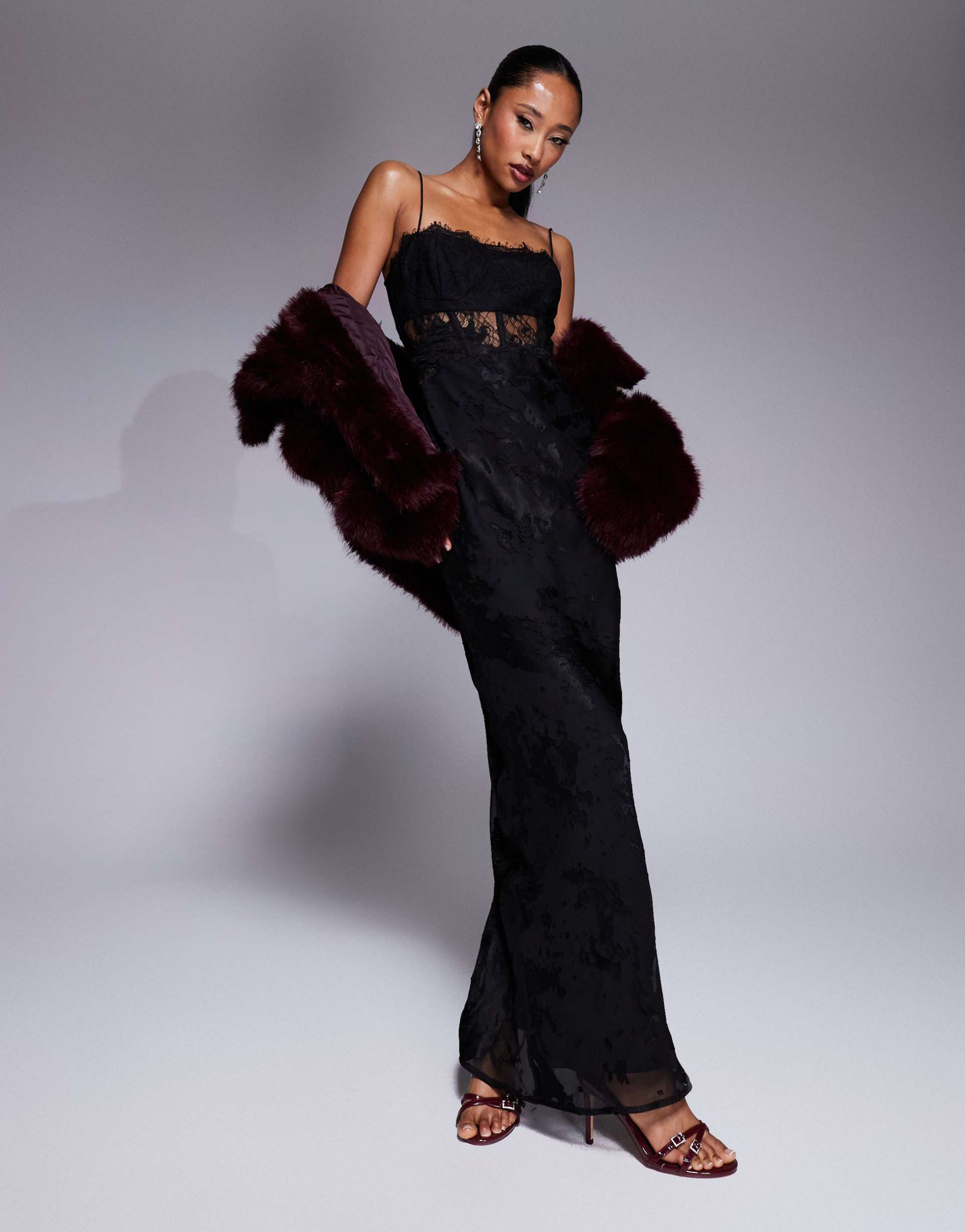 asos design lace burnout corset maxi dress in black