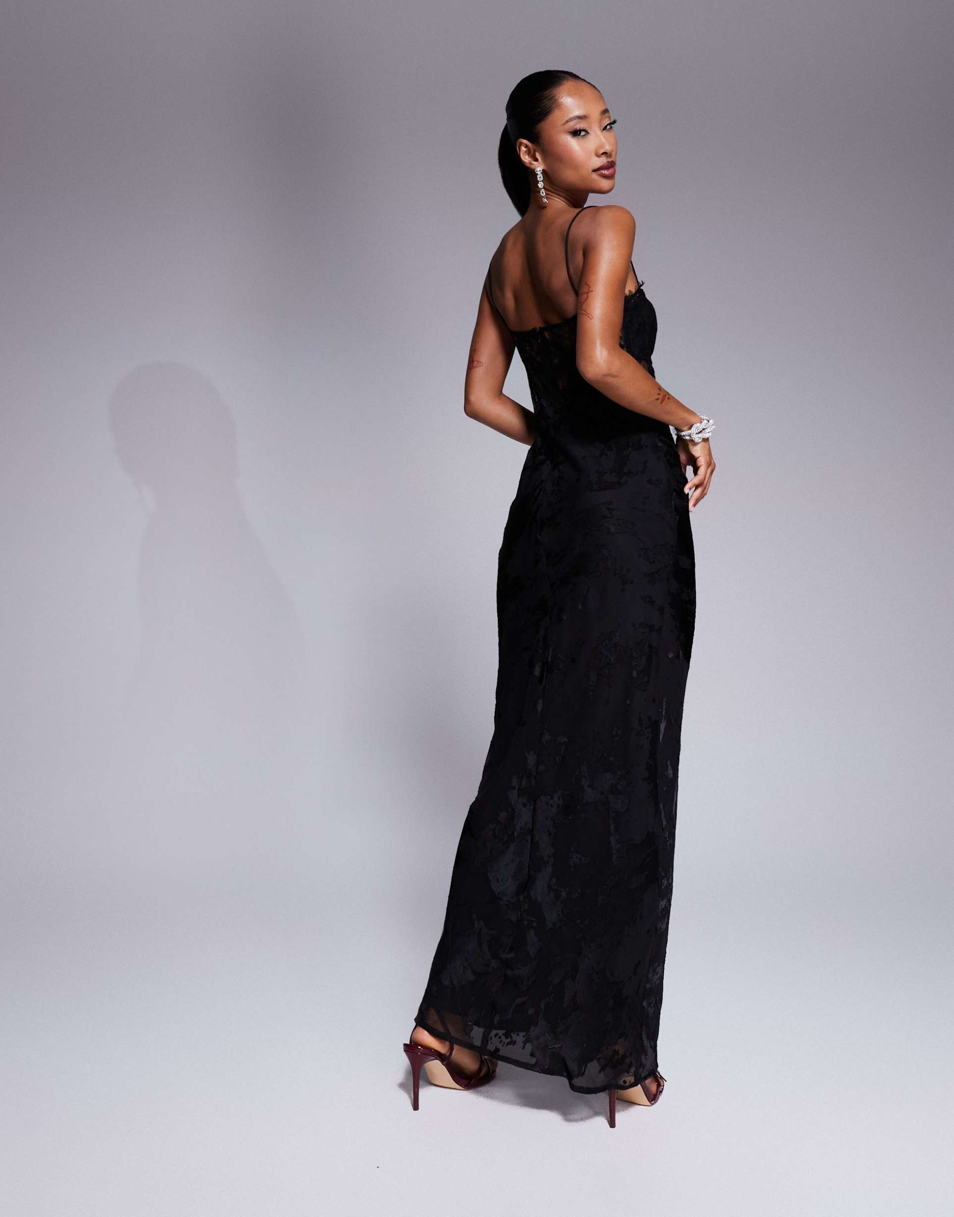 asos design lace burnout corset maxi dress in black