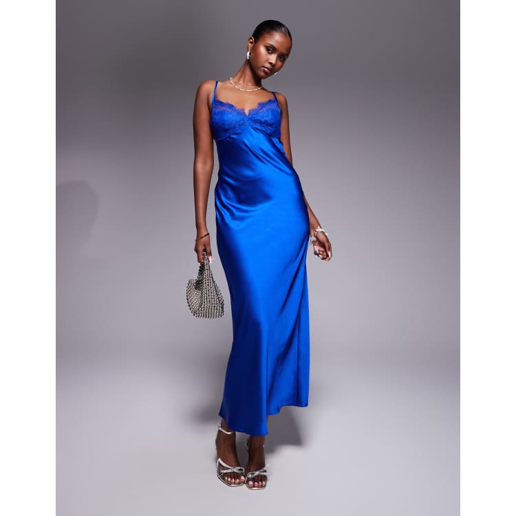 asos blue cut out dress DESIGN lace bust cup satin maxi with back in cobalt Color:Limited Blue Spruce