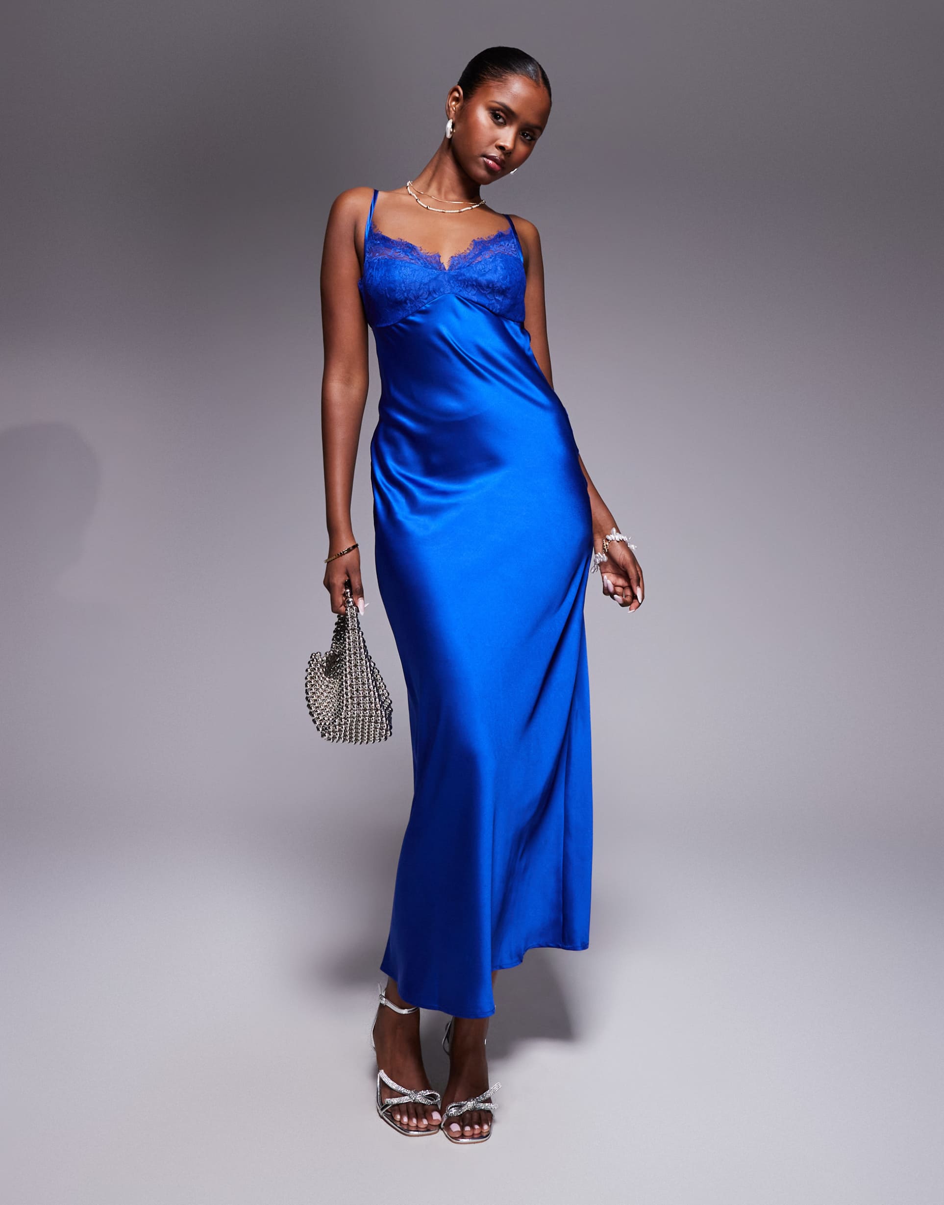asos design lace bust cup satin maxi dress with cut out back in cobalt blue