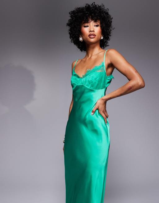 ASOS DESIGN lace bust cup satin maxi dress with cut out back in deep green