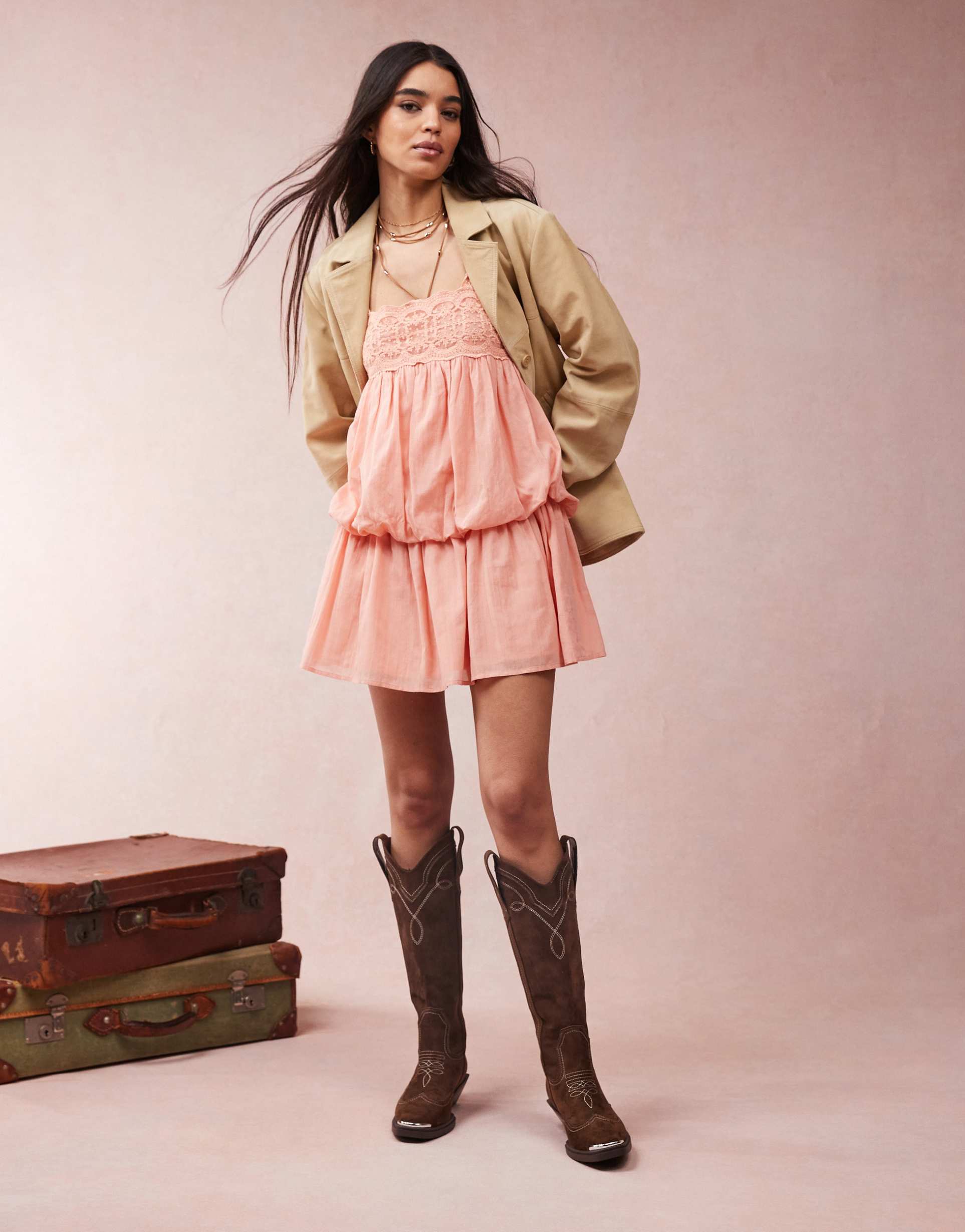 asos design lace bust mini dress with ruffle hem in peach