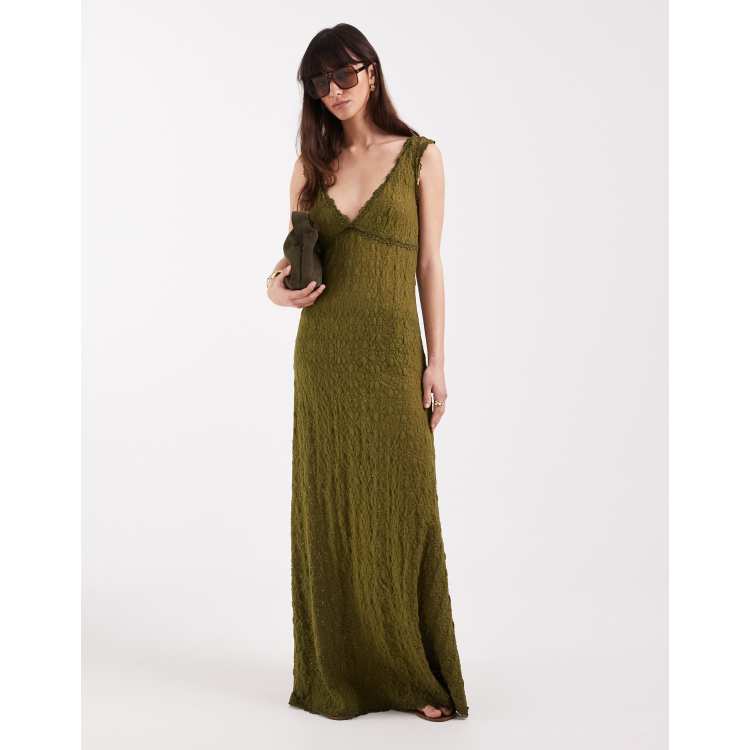 olive green lace maxi dress ASOS DESIGN plunge lace ruffle maxi dress in olive green