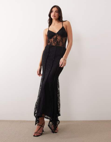 ASOS DESIGN lace cami maxi dress with godet hem in black - view 1