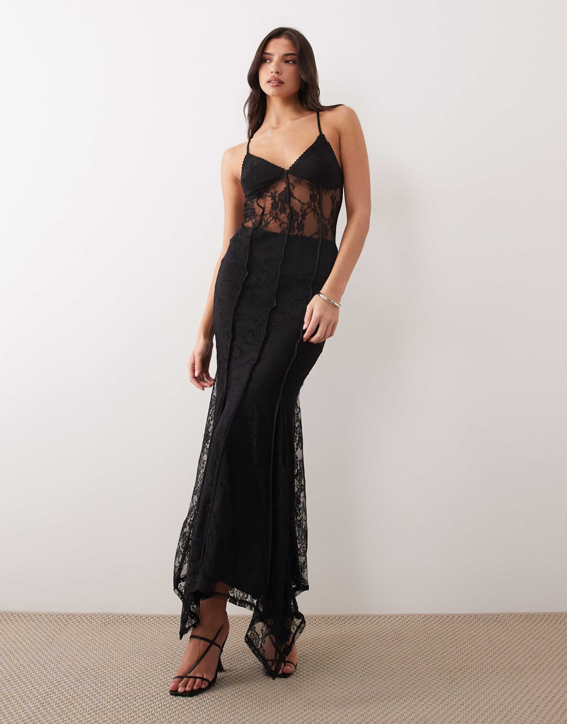asos design lace cami maxi dress with godet hem in black